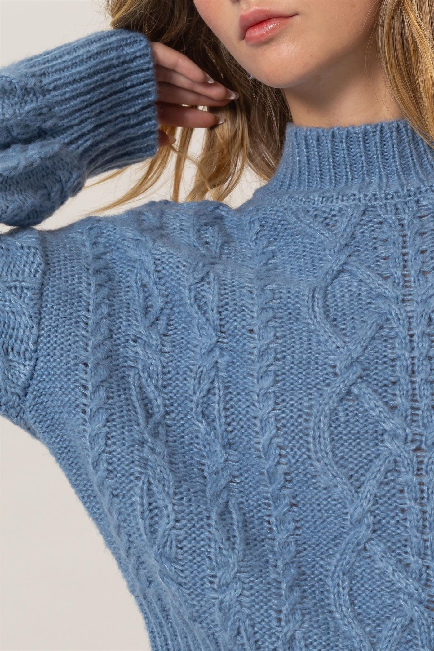 Blue Cable-Knit Mock Neck Dropped Shoulder Sweater