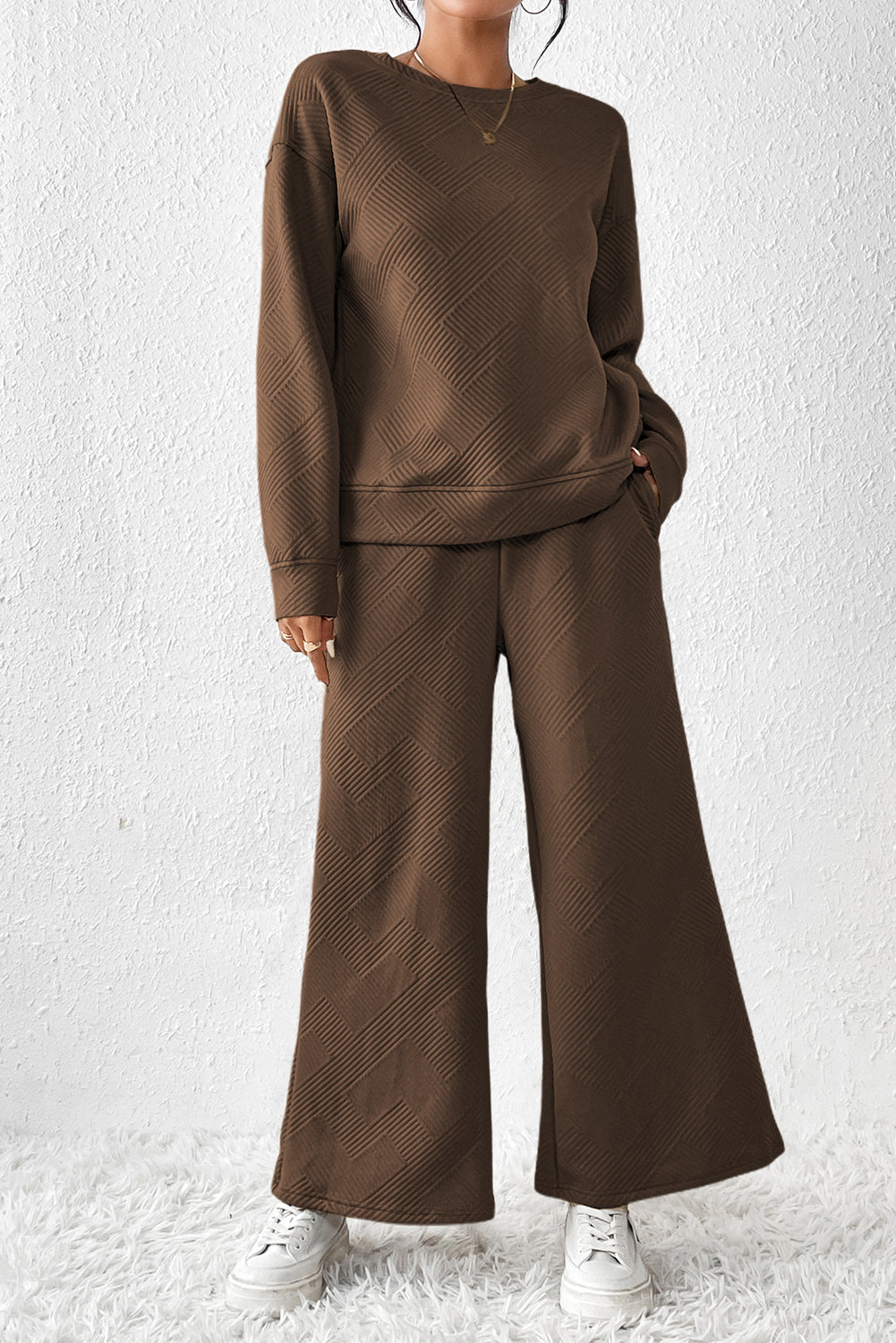 Strawberry Pink Textured Loose Slouchy Long Sleeve Top and Pants Set - Cowaa