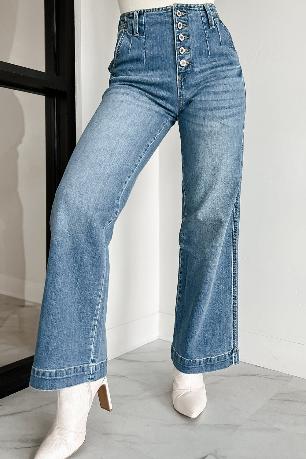 Dusk Blue Multi Button Waist Wash Straight Leg Jeans - Cowaa
