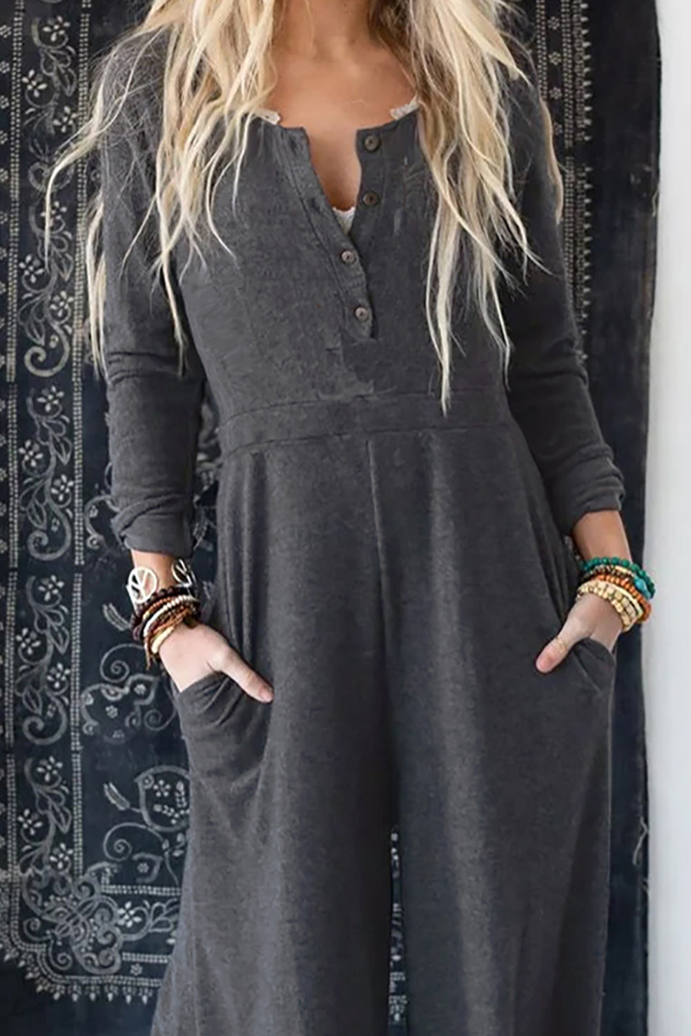 Dark Grey Henley Long Sleeve Wide Leg Jumpsuit with Pockets - Cowaa