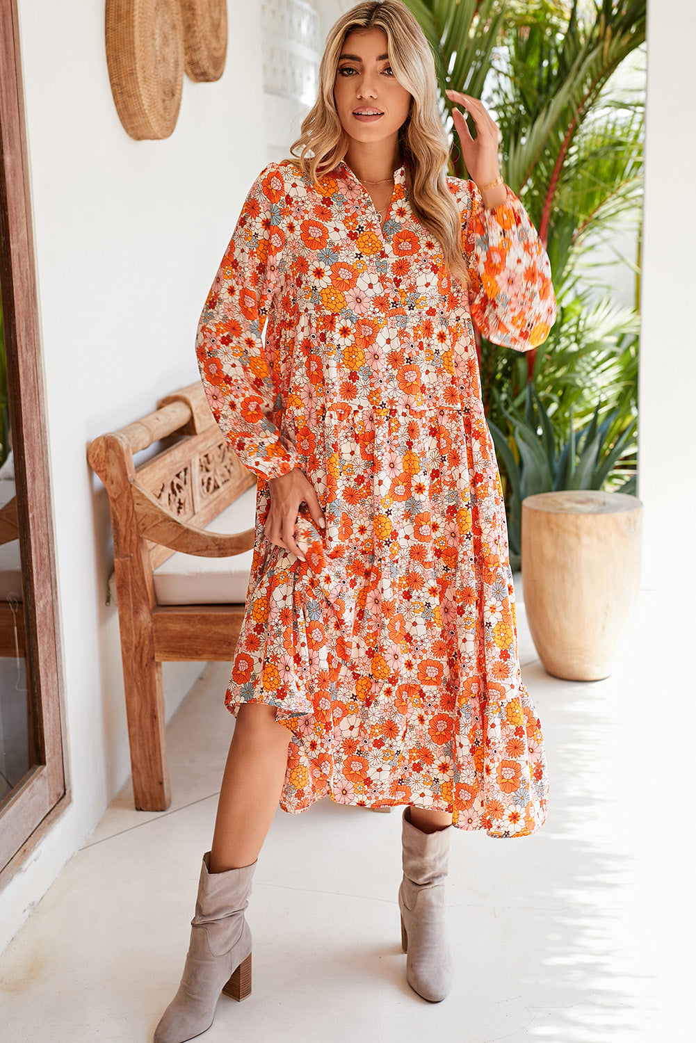 Multicolor Boho Floral Collared Long Sleeve Dress - Cowaa