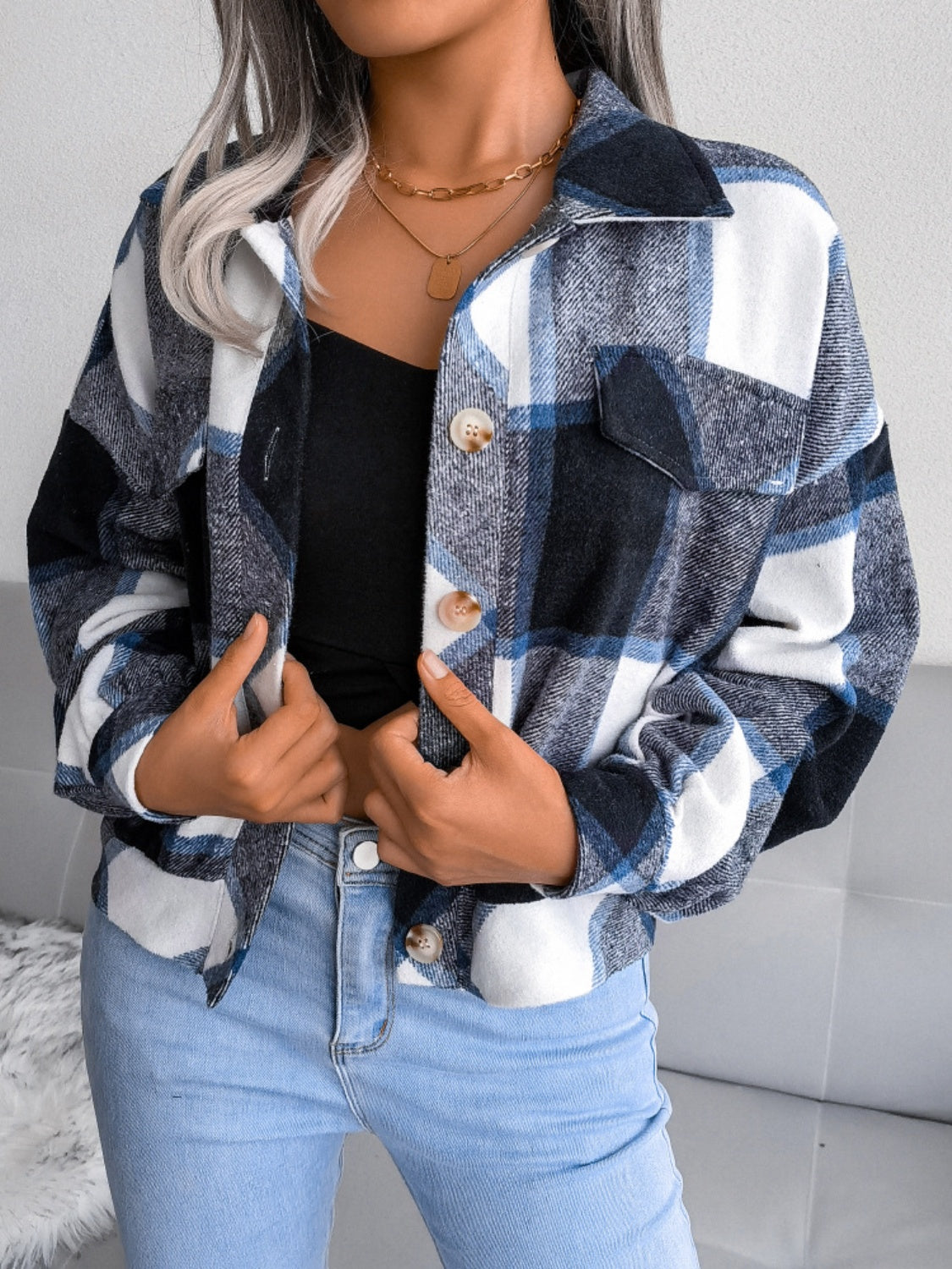 Plaid Collared Neck Long Sleeve Jacket - Cowaa