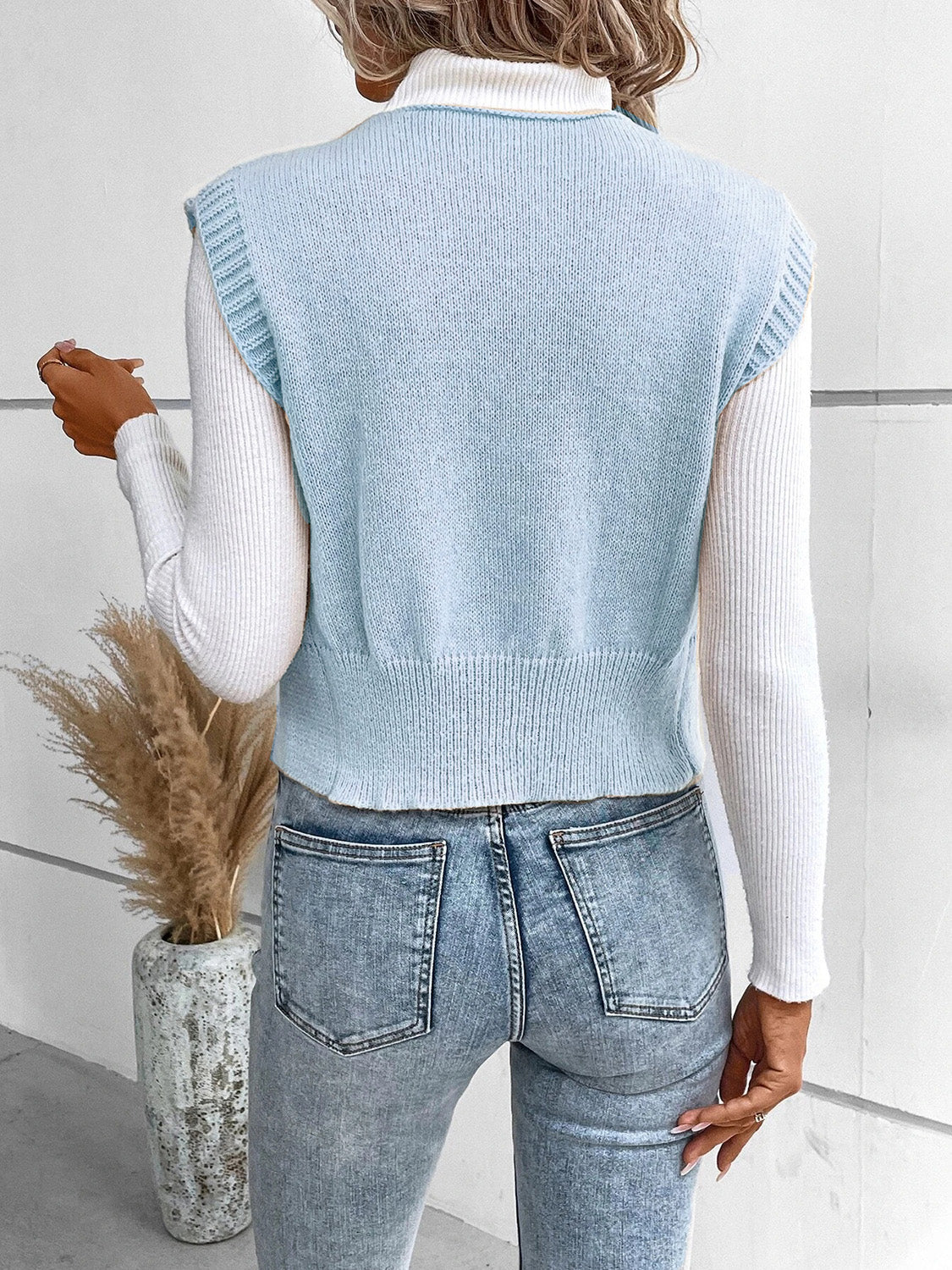 Full Size Button Up V-Neck Sweater Vest - Cowaa
