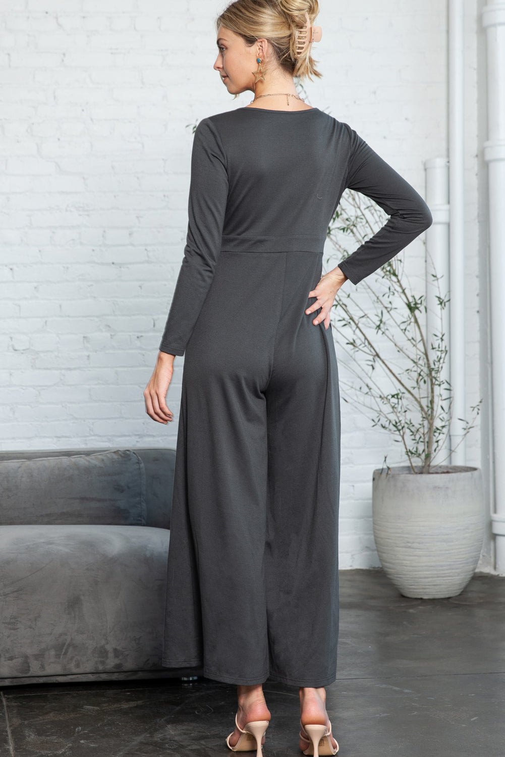 Dark Grey Henley Long Sleeve Wide Leg Jumpsuit with Pockets - Cowaa