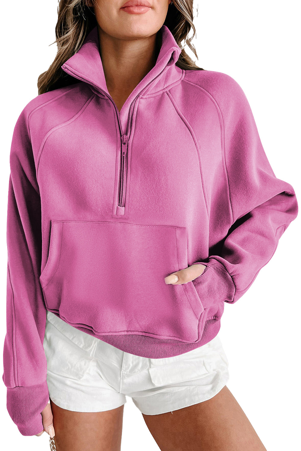 Brown Zip Up Stand Collar Thumbhole Sleeve Sweatshirt - Cowaa