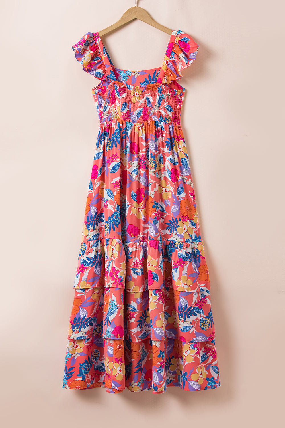 Boho Floral Print Ruffle Sleeveless Tiered Maxi Dress