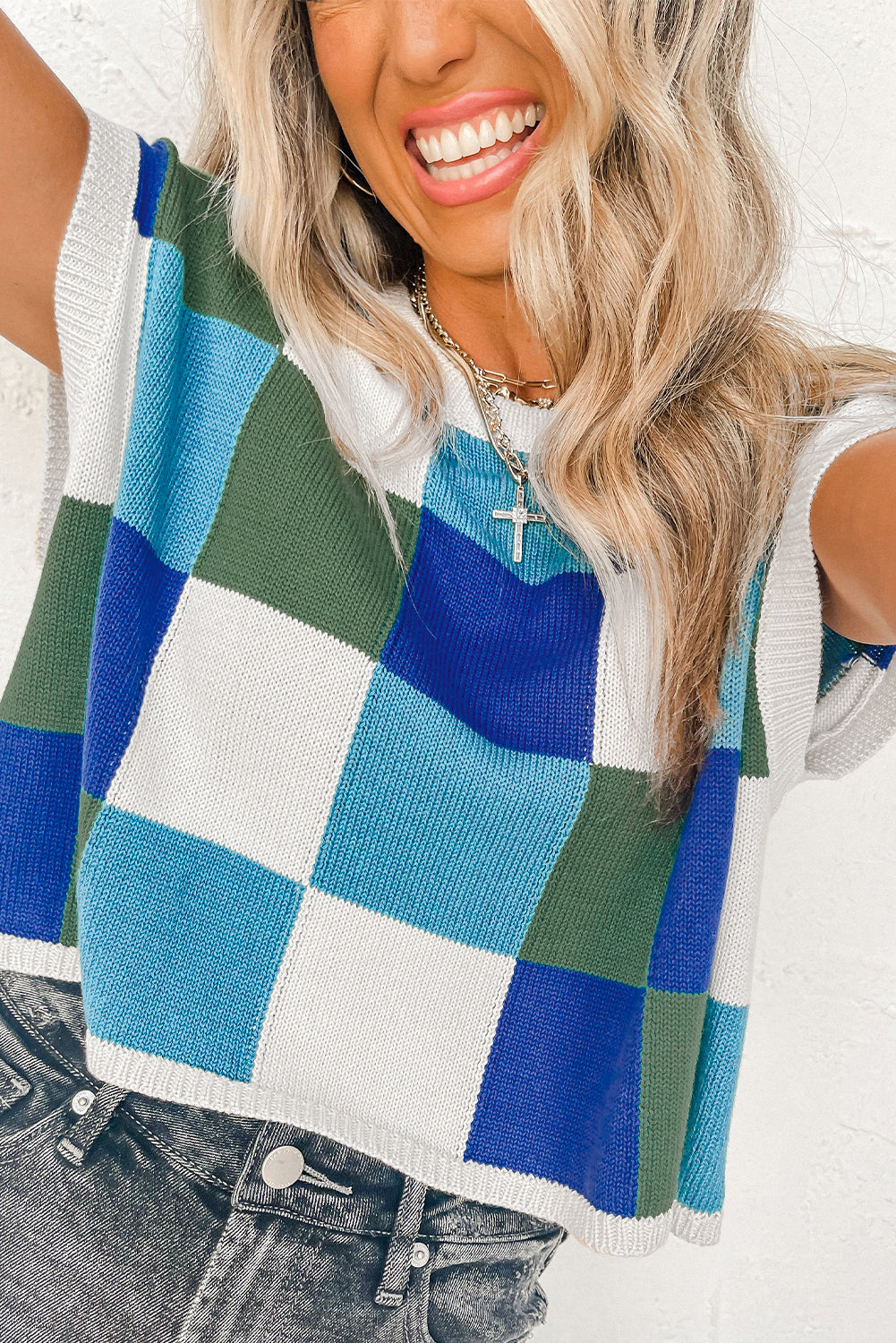 Fiery Red Checkered Color Block Cap Sleeve Knitted Top - Cowaa