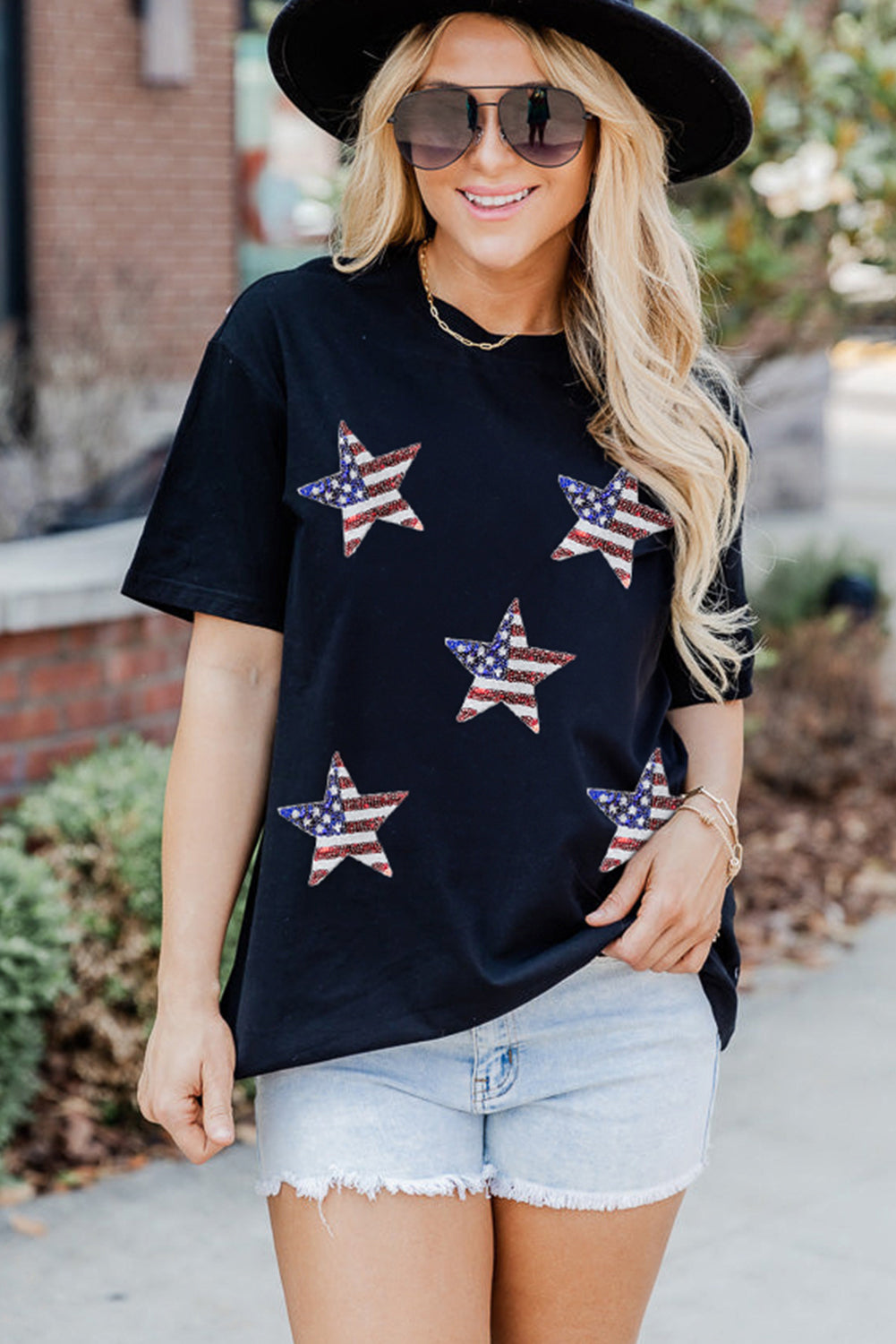 Sequin American Flag Star Graphic T Shirt - Cowaa