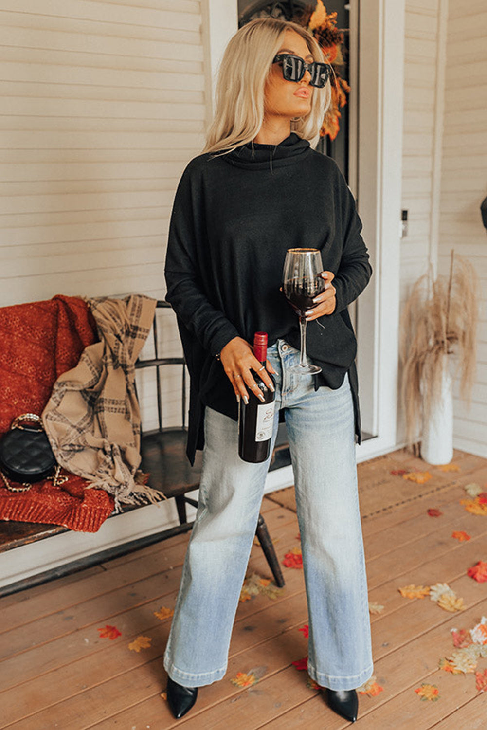 Cowl Neck Loose Fit Tunic Long Sleeve Top - Cowaa