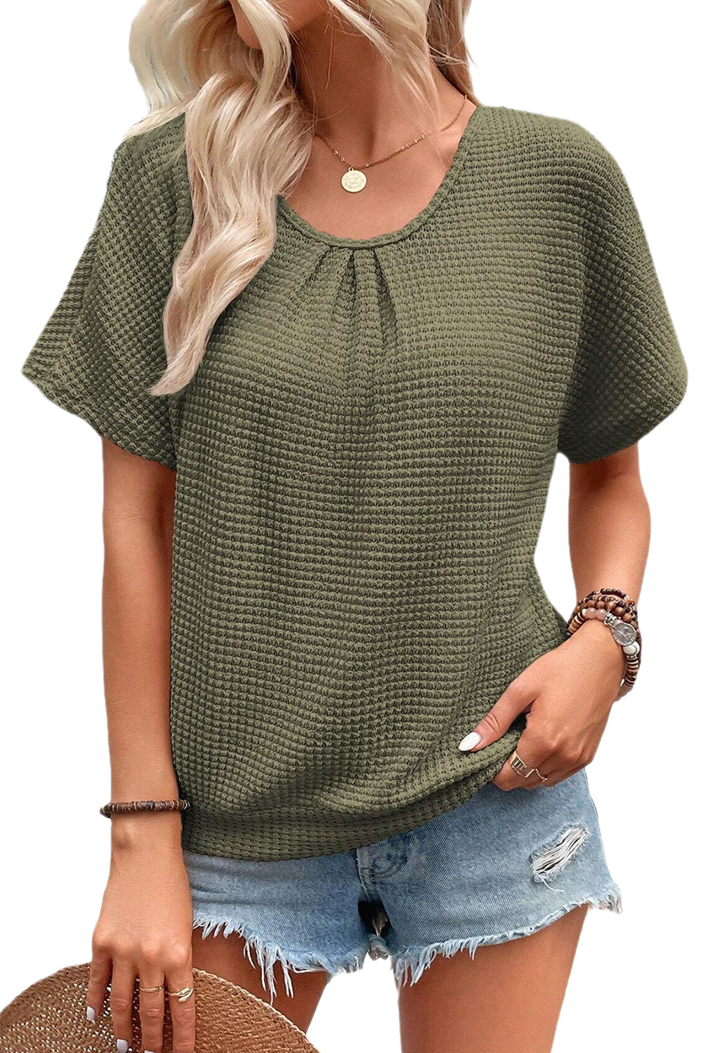 Oatmeal Guipure Lace Splicing Back Waffle Textured T-shirt - Cowaa