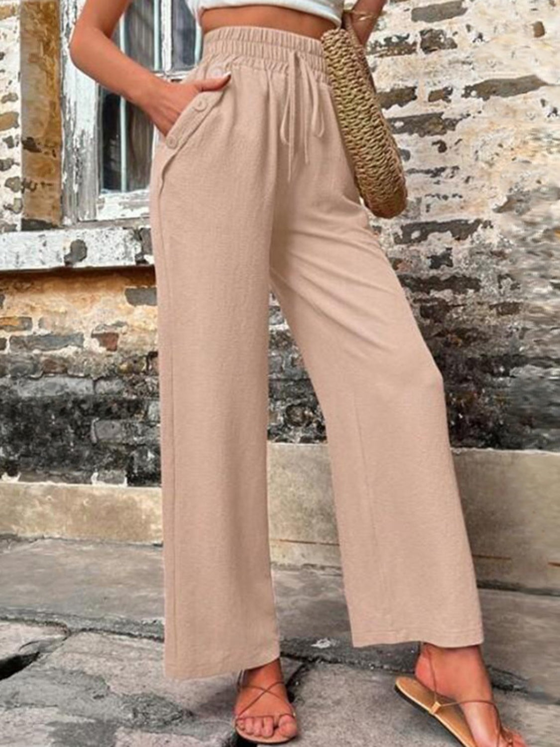 Tied High Waist Wide Leg Pants with Pockets - Cowaa