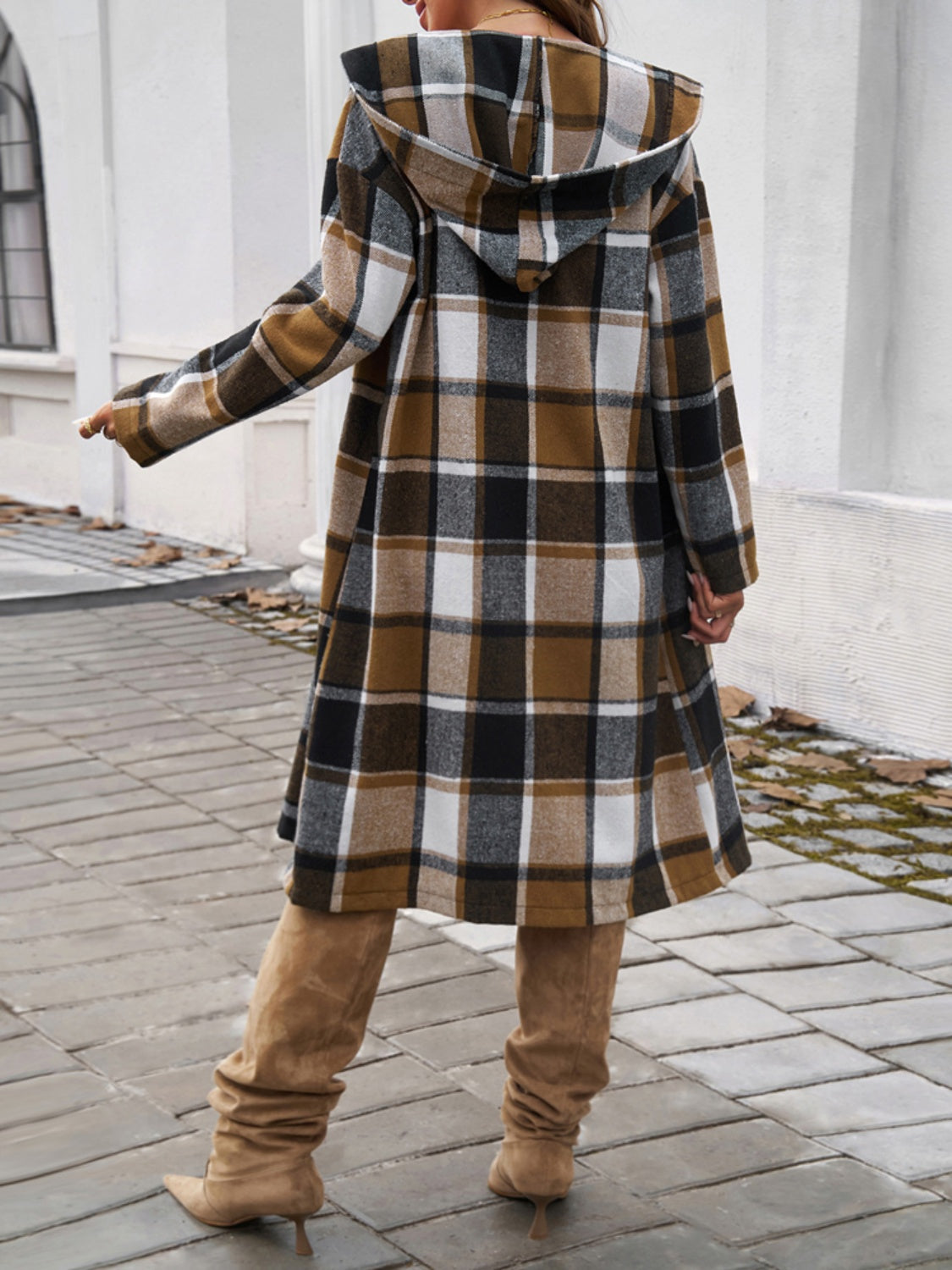 Devine Plaid Long Sleeve Hooded Coat - Cowaa