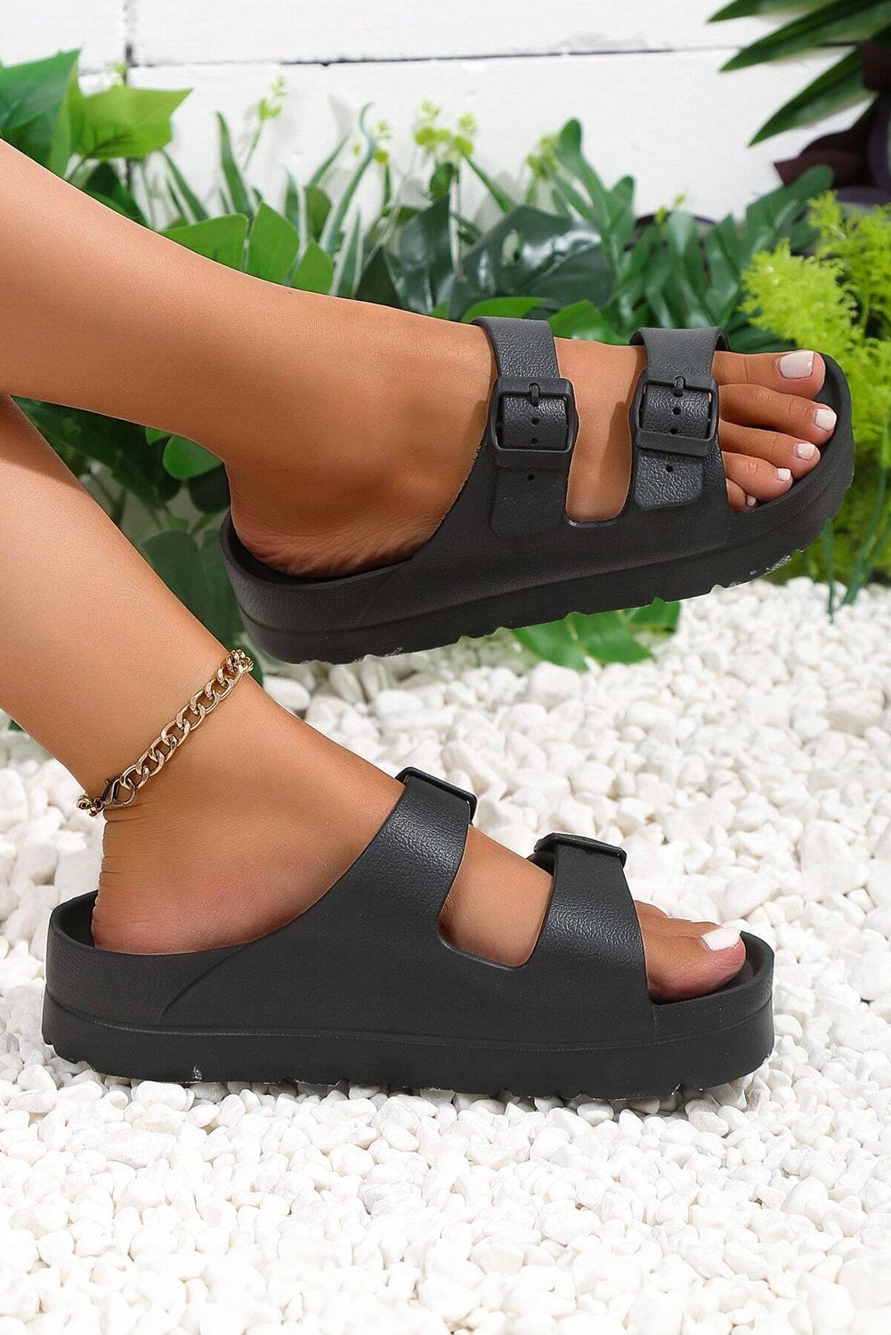Double Buckle Strap Flat Sandels - Cowaa