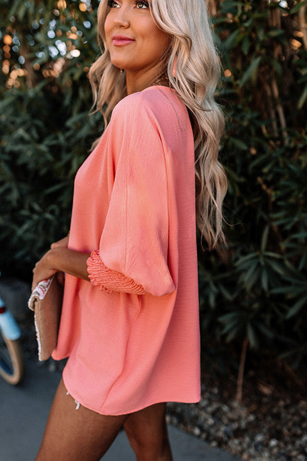 Apricot Solid Casual Smocked Cuffs Batwing Sleeve Blouse - Cowaa