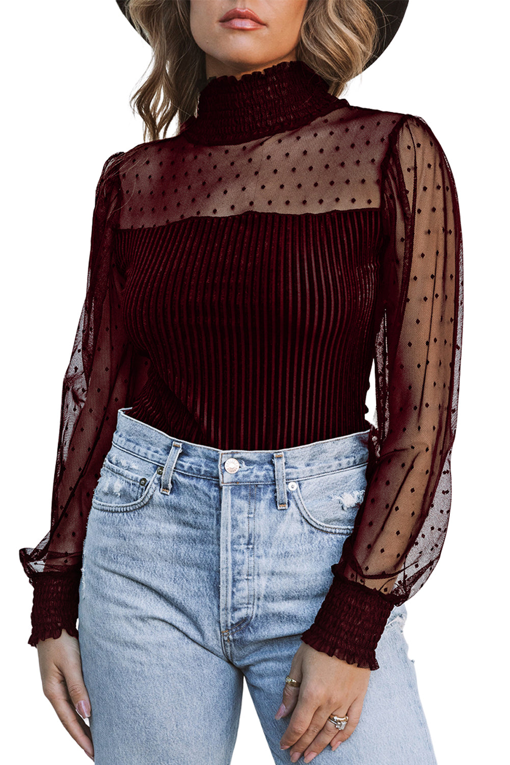 Sheer Dotty Puff Sleeve Ribbed Velvet Bodysuit - Cowaa