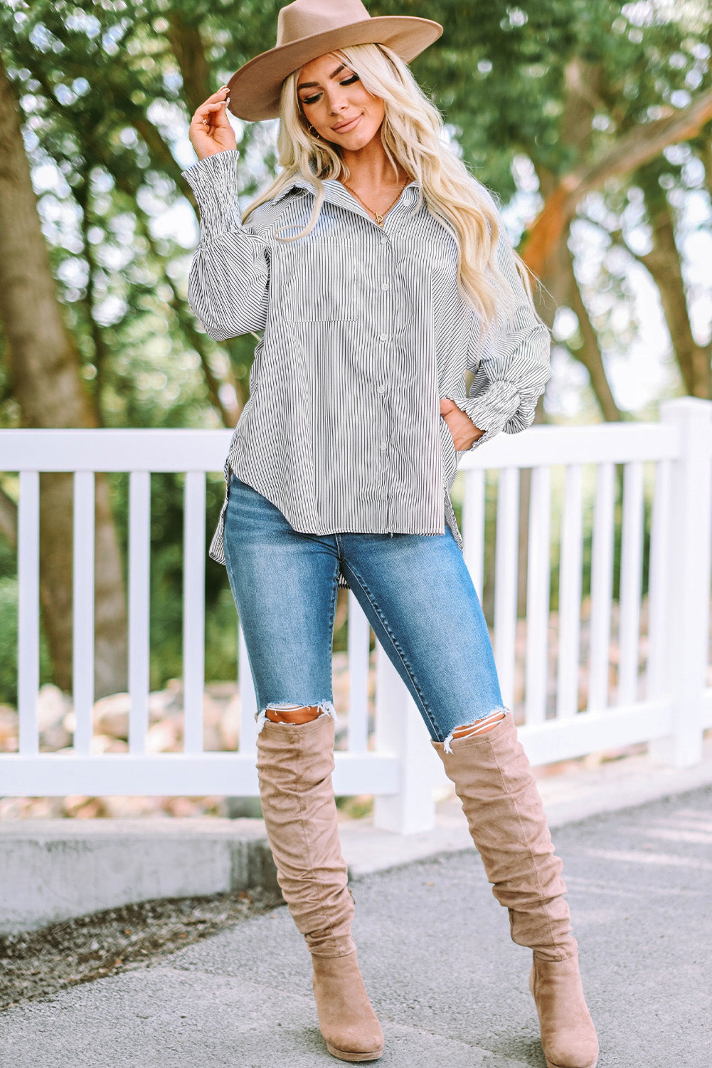 Black Striped Casual Shirred Cuffs Shirt - Cowaa