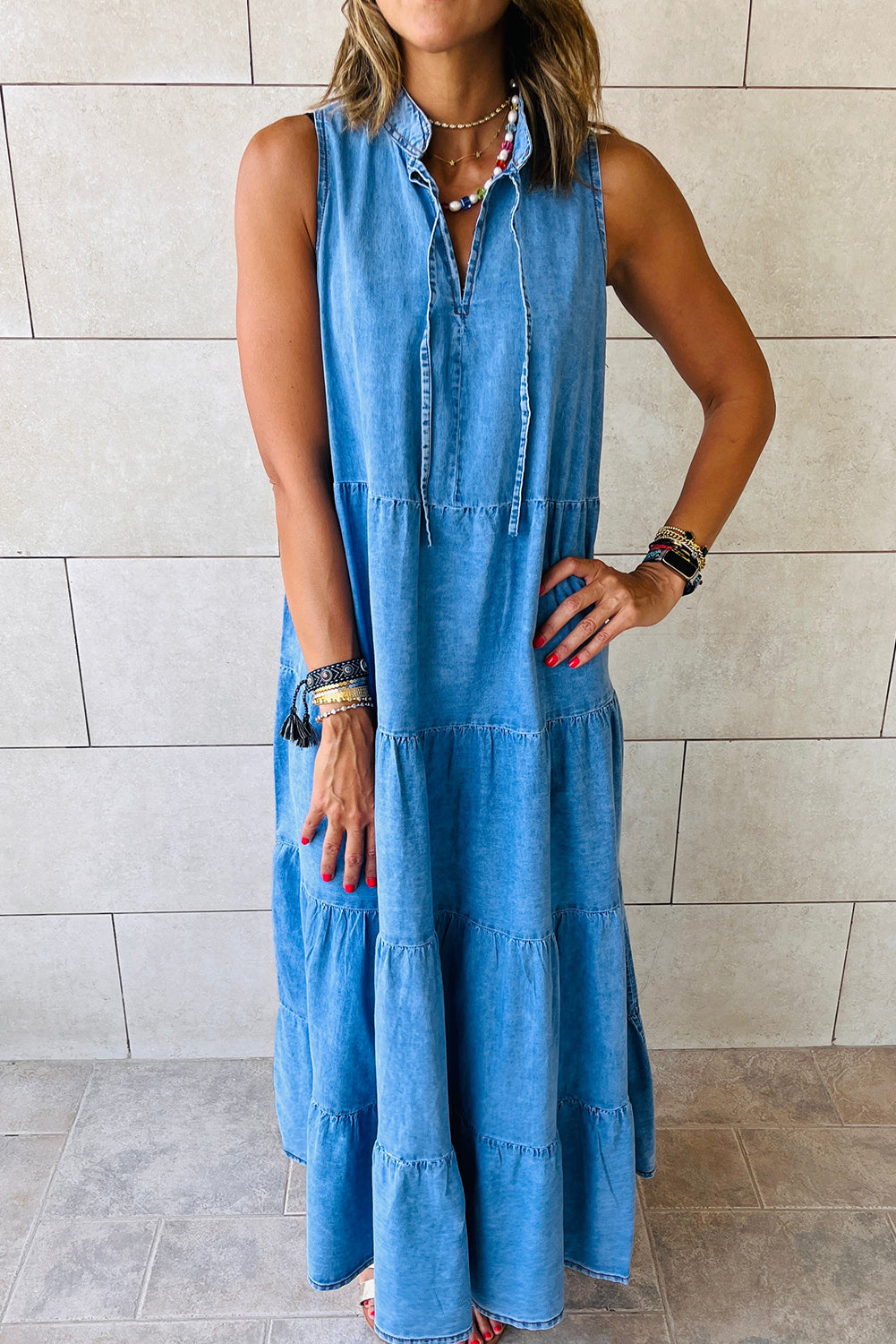 Real Teal Sleeveless Tiered Chambray Maxi Dress - Cowaa
