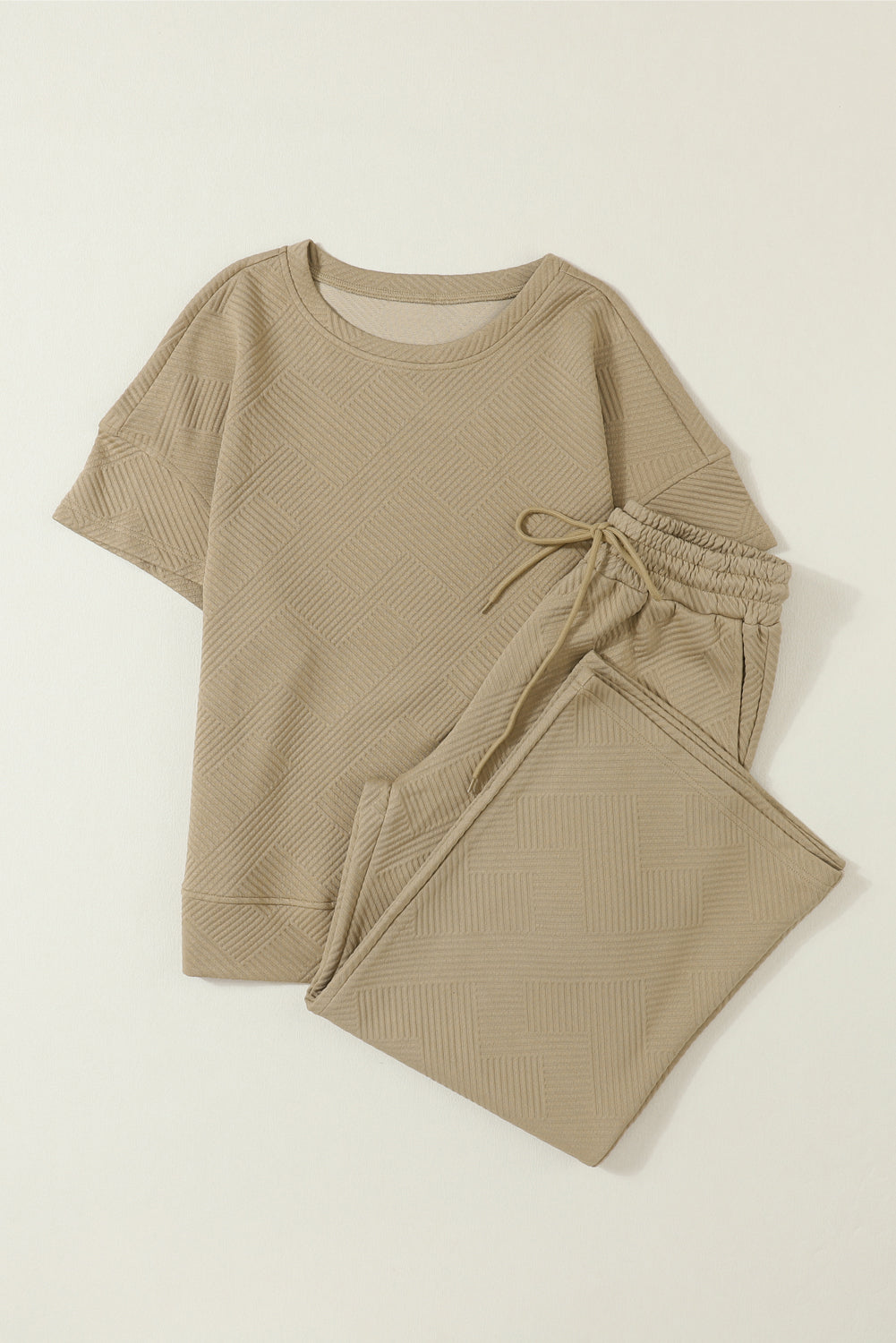 Navy Blue Textured Loose Fit T Shirt and Drawstring Pants Set - Cowaa