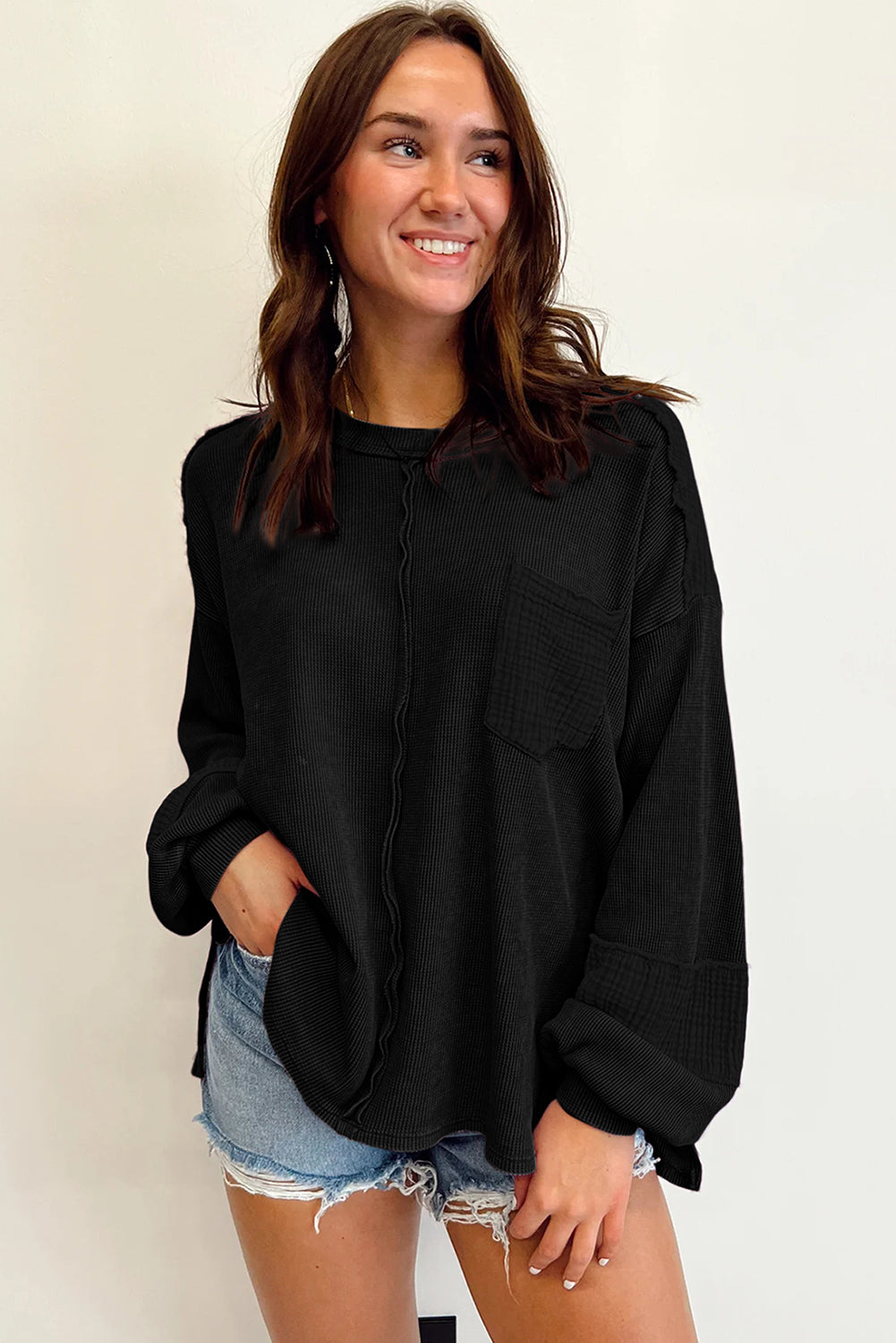 Crinkle Patchwork Long Sleeve Top - Cowaa