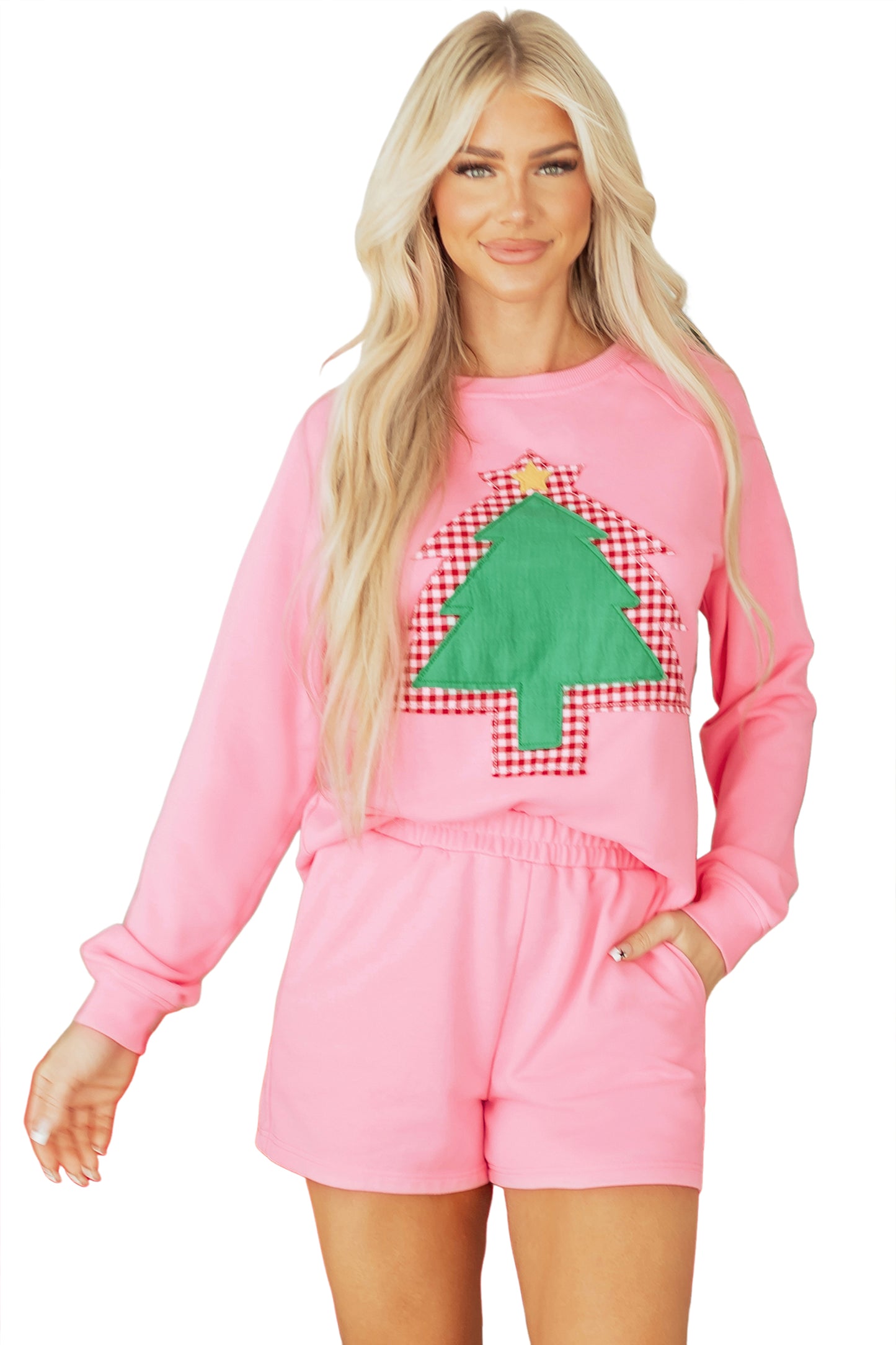 Sachet Pink Plaid Contrasted Double Christmas Tree Patched Raglan Sleeve Pullover 2pcs Short Set