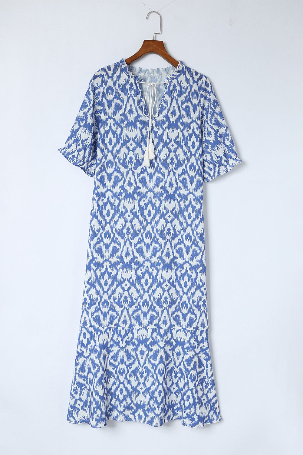Sky Blue Geometric Print Casual V Neck Maxi Dress - Cowaa