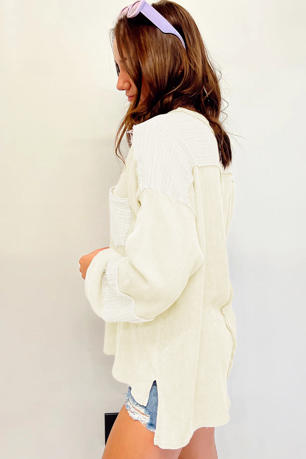 Crinkle Patchwork Long Sleeve Top - Cowaa