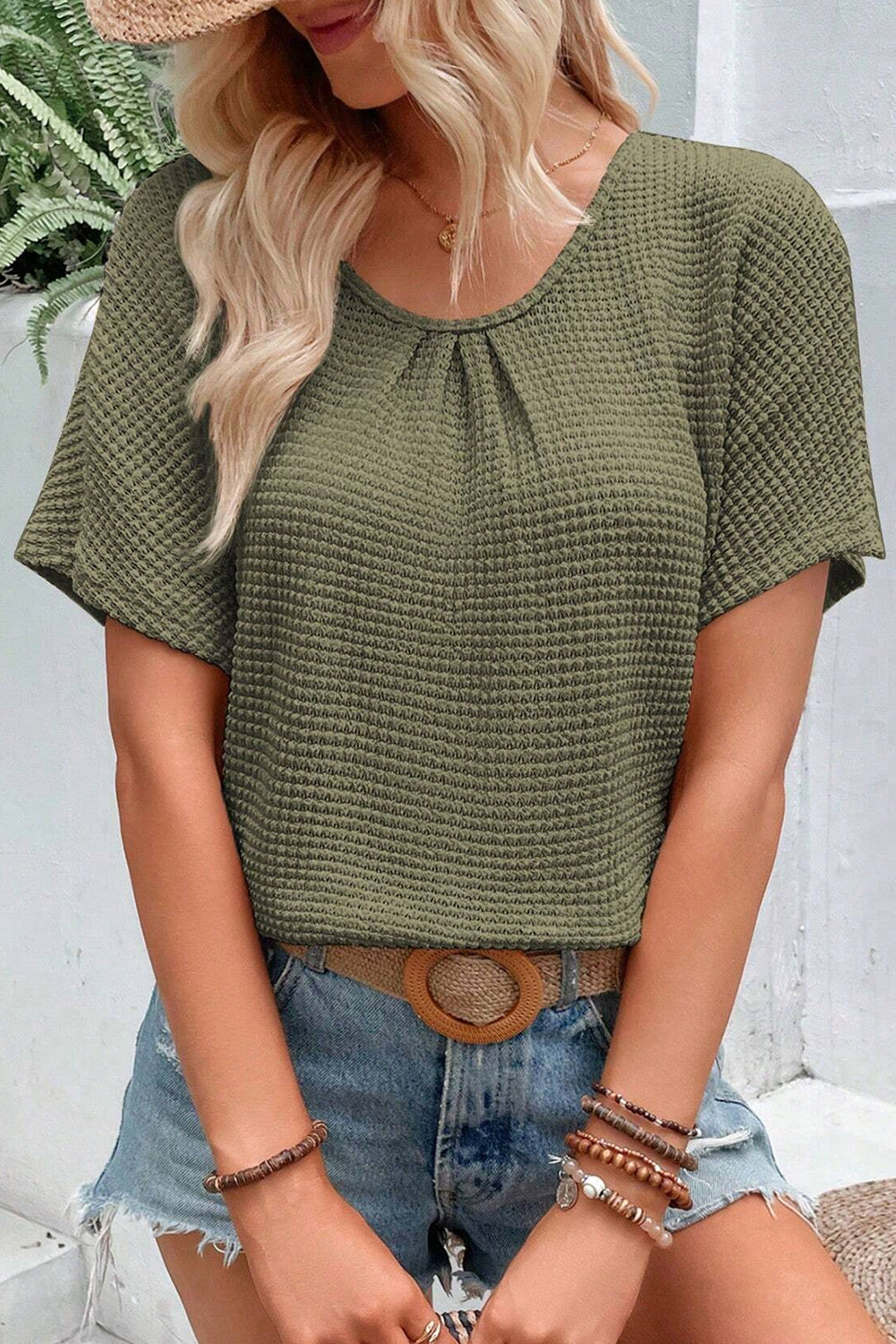 Oatmeal Guipure Lace Splicing Back Waffle Textured T-shirt - Cowaa