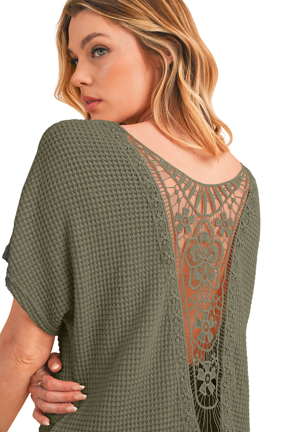Oatmeal Guipure Lace Splicing Back Waffle Textured T-shirt - Cowaa