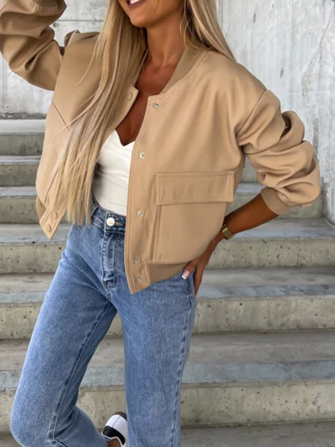 Baseball Collar Dropped Shoulder Jacket - Cowaa