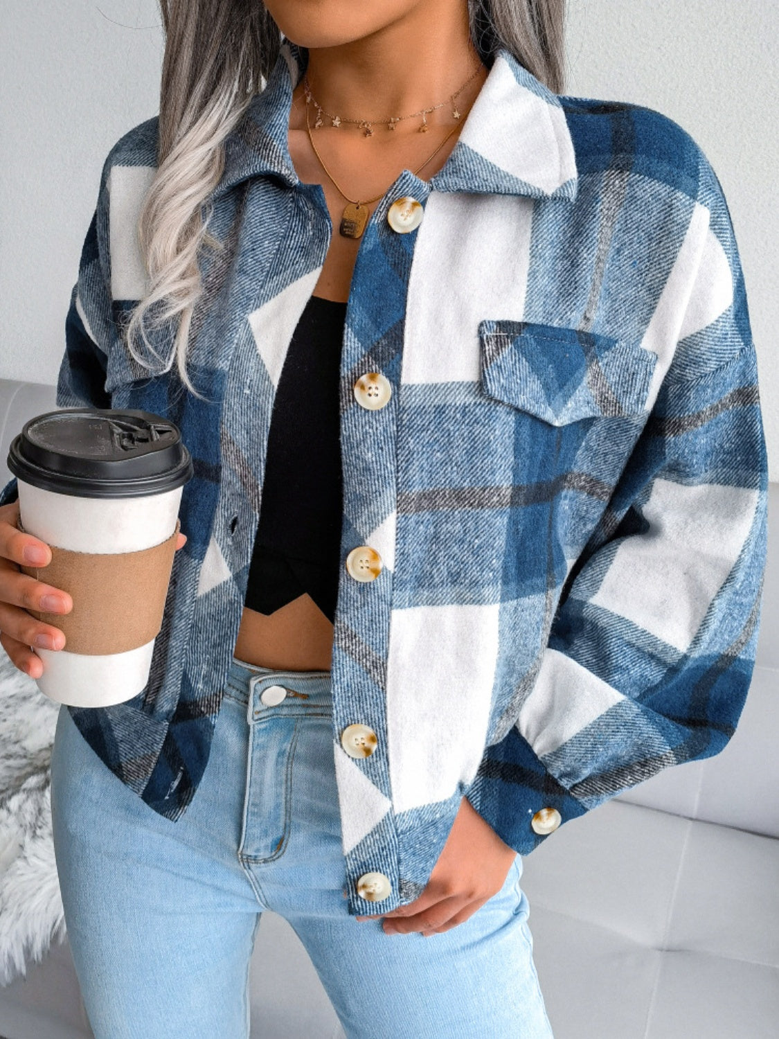 Plaid Collared Neck Long Sleeve Jacket - Cowaa