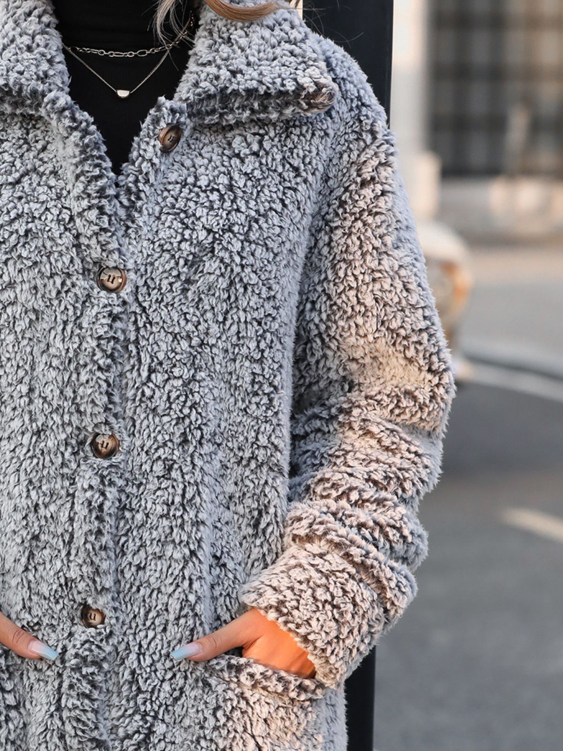 Pocketed Collared Neck Long Sleeve Plush Jacket - Cowaa