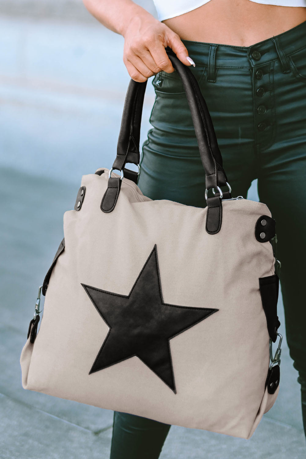 Beige Star Canvas Tote Bag - Cowaa