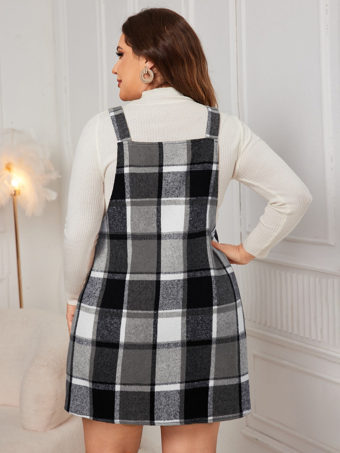 Plus Size Plaid Wide Strap Overall Dress - Cowaa