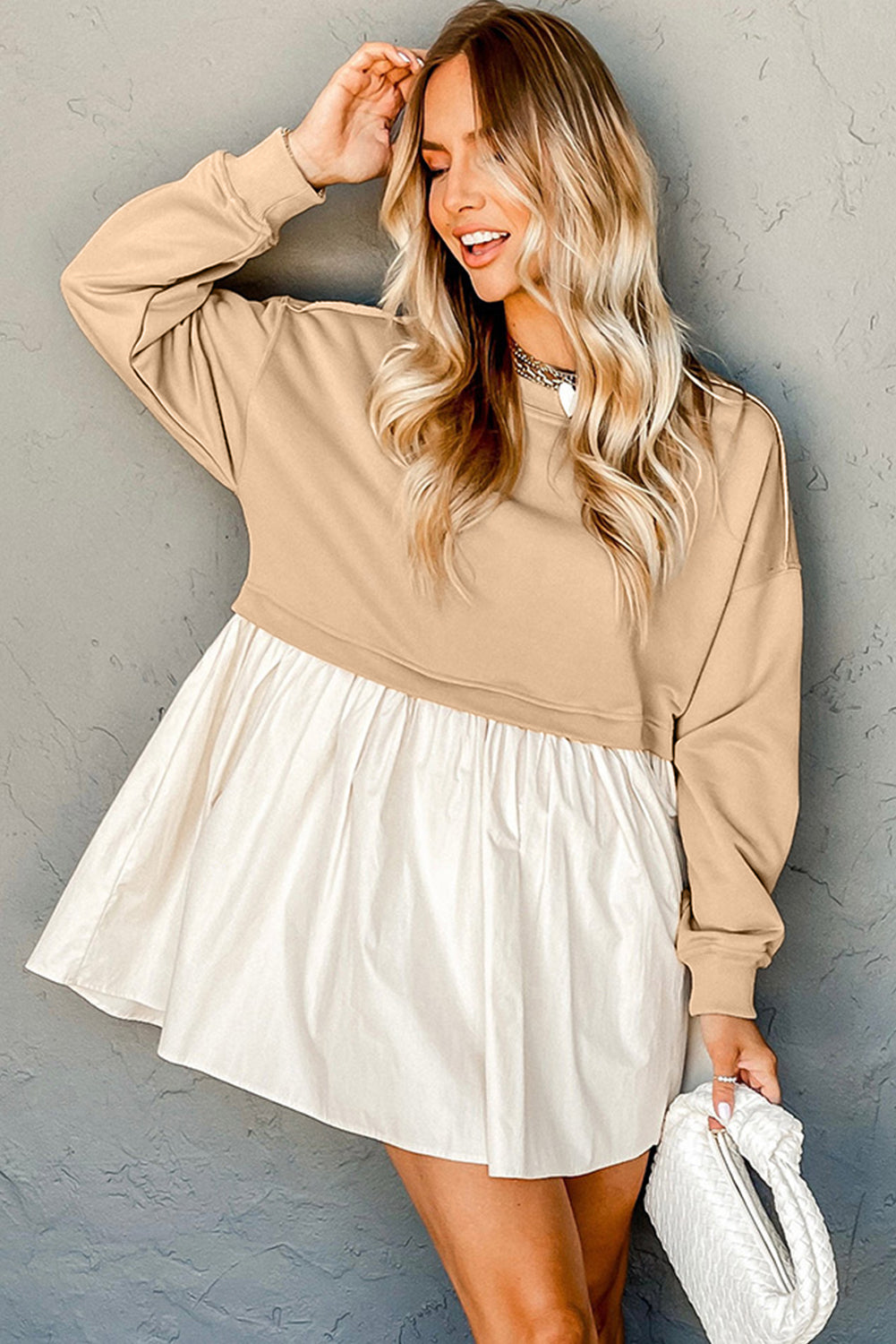 Khaki Sweatshirt 2-in-1 Flowy Pleated Mini Dress - Cowaa
