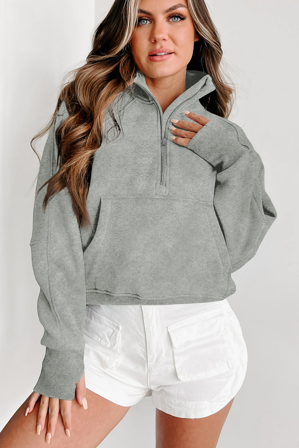 Brown Zip Up Stand Collar Thumbhole Sleeve Sweatshirt - Cowaa