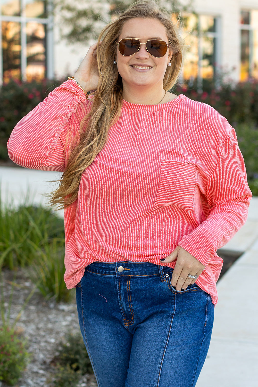 Peach Blossom Plus Size Ribbed Textured Long Sleeve T Shirt - Cowaa