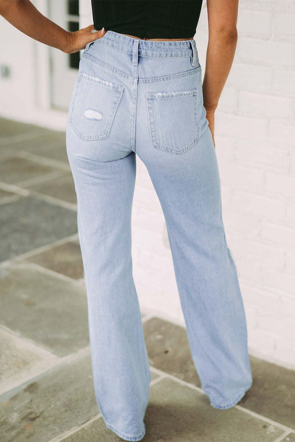 Light Distressed High Waist Flared Jeans - Cowaa