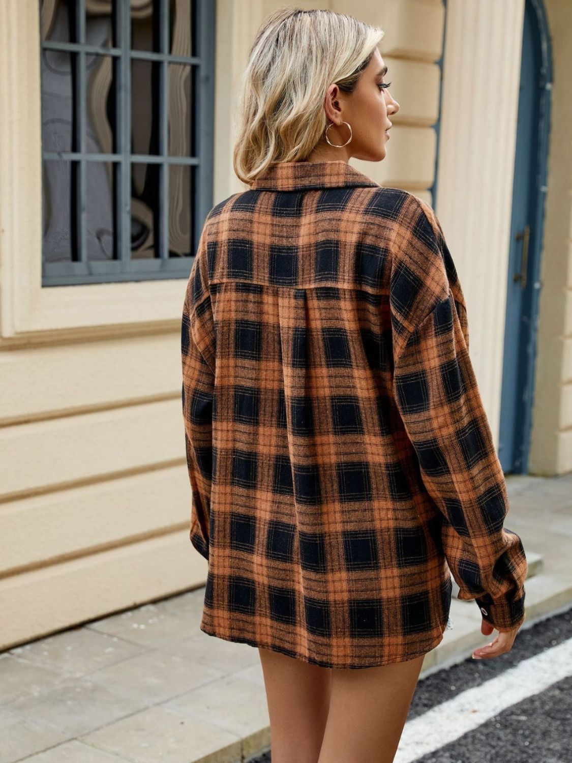 Plaid Collared Neck Long Sleeve Shirt - Cowaa