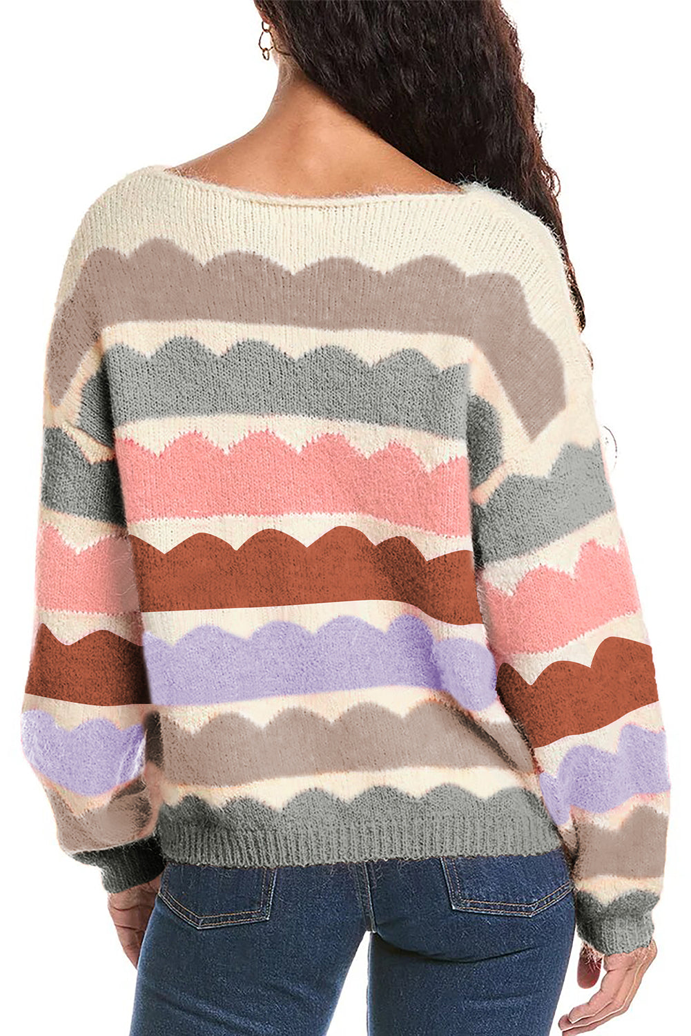 Dark Blue Wave Striped Balloon Sleeve Drop Shoulder Sweater - Cowaa