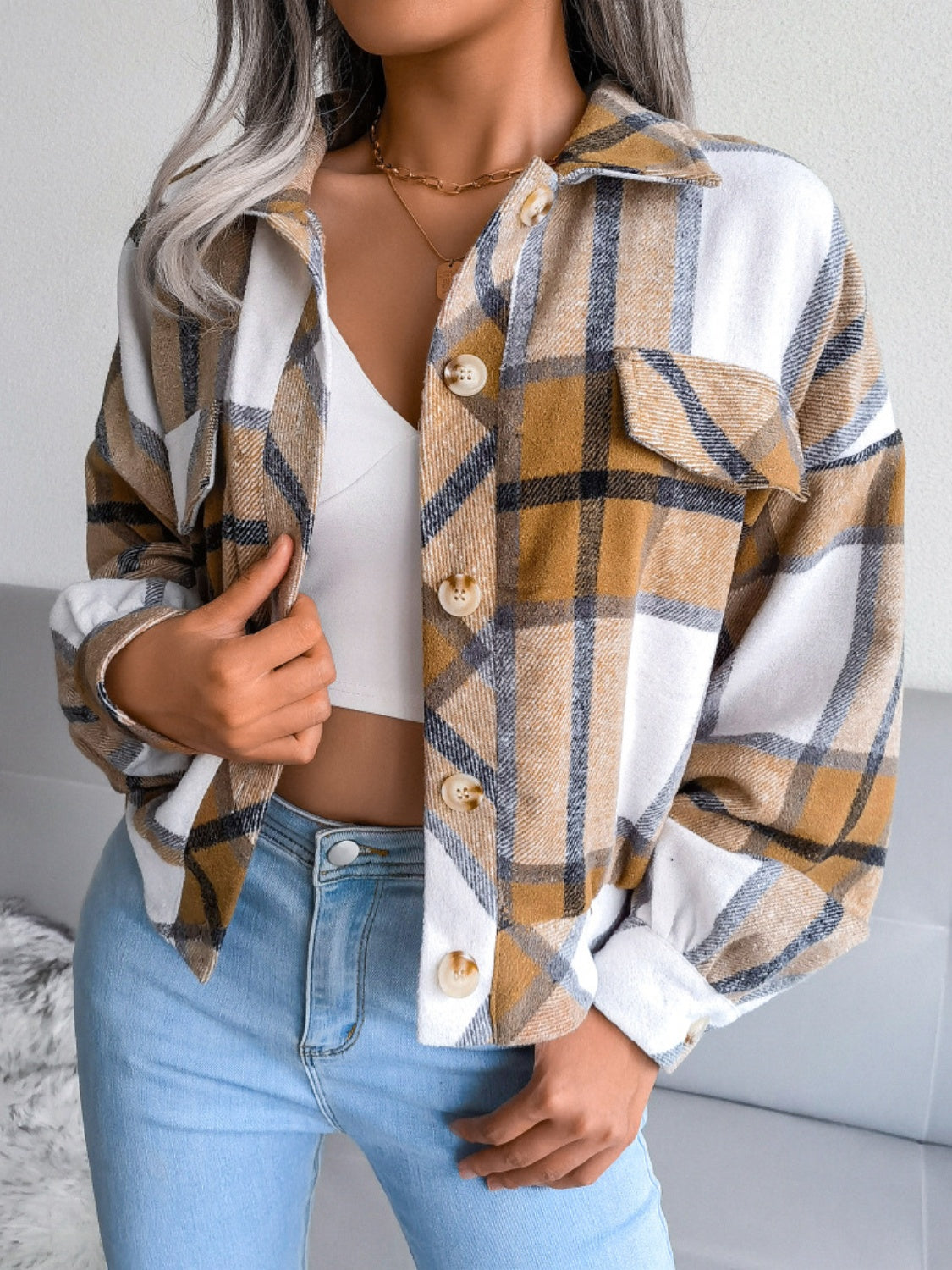Plaid Collared Neck Long Sleeve Jacket - Cowaa