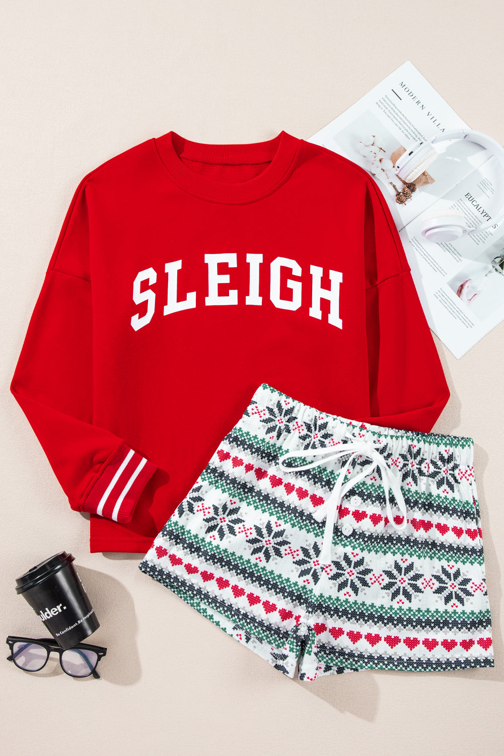 Fiery Red SLEIGH Snowflake Print Christmas Pajama Set