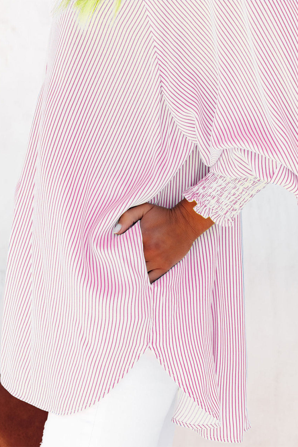Black Striped Casual Shirred Cuffs Shirt - Cowaa