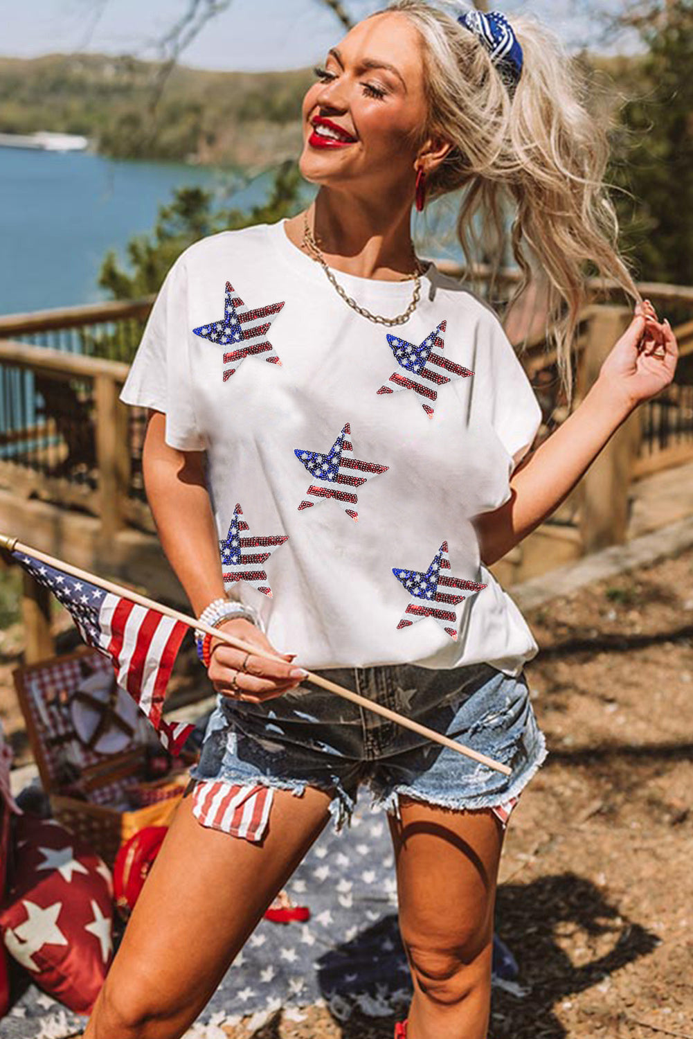 Sequin American Flag Star Graphic T Shirt - Cowaa