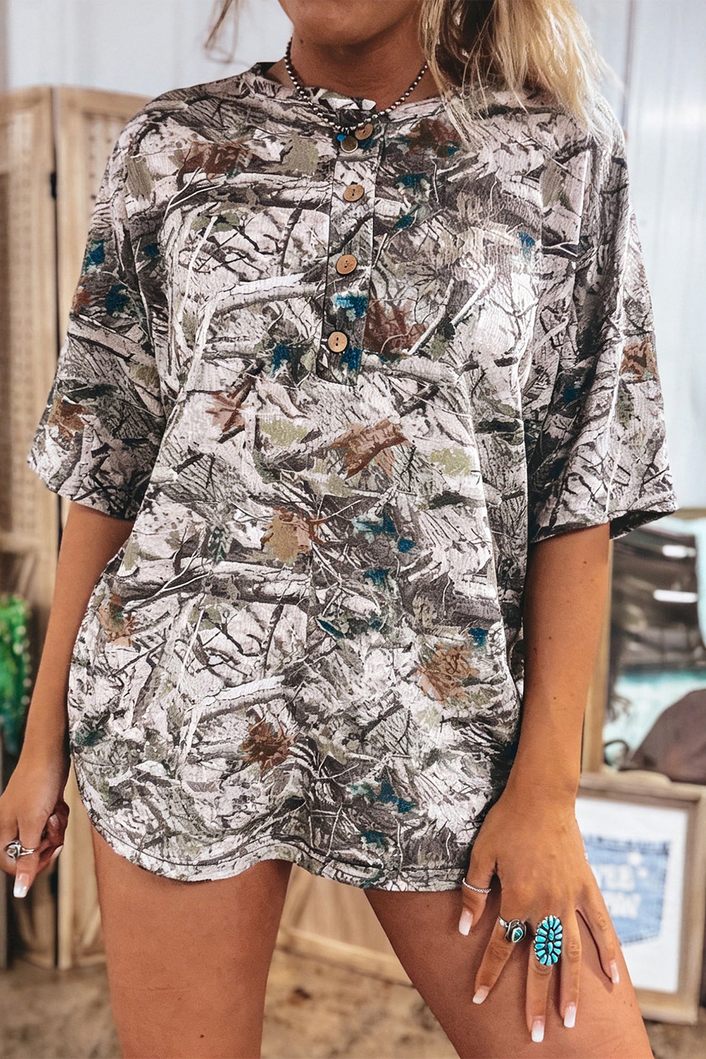 Gray Abstract Woodland Print Tunic Henley T Shirt