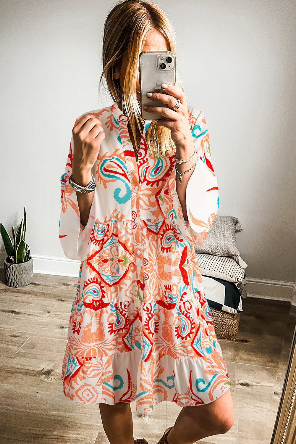 White Ethnic Print Boho Button Tiered Mini Dress - Cowaa