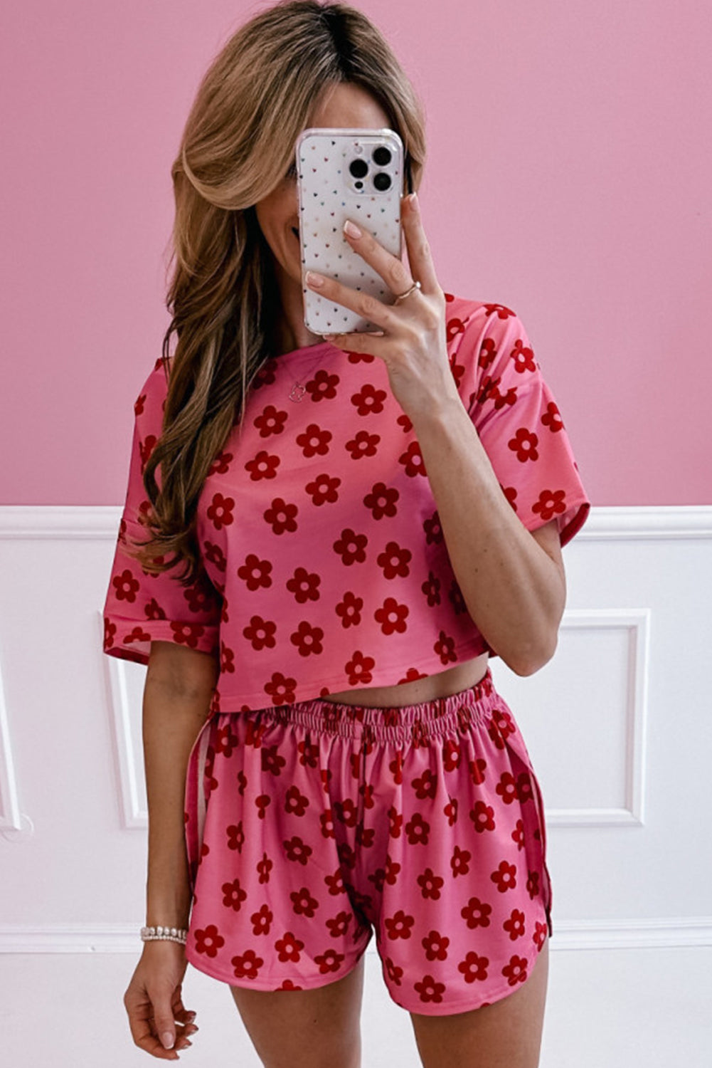 Rose Floral Print Crop Tee and Slits Shorts Pajama Set - Cowaa