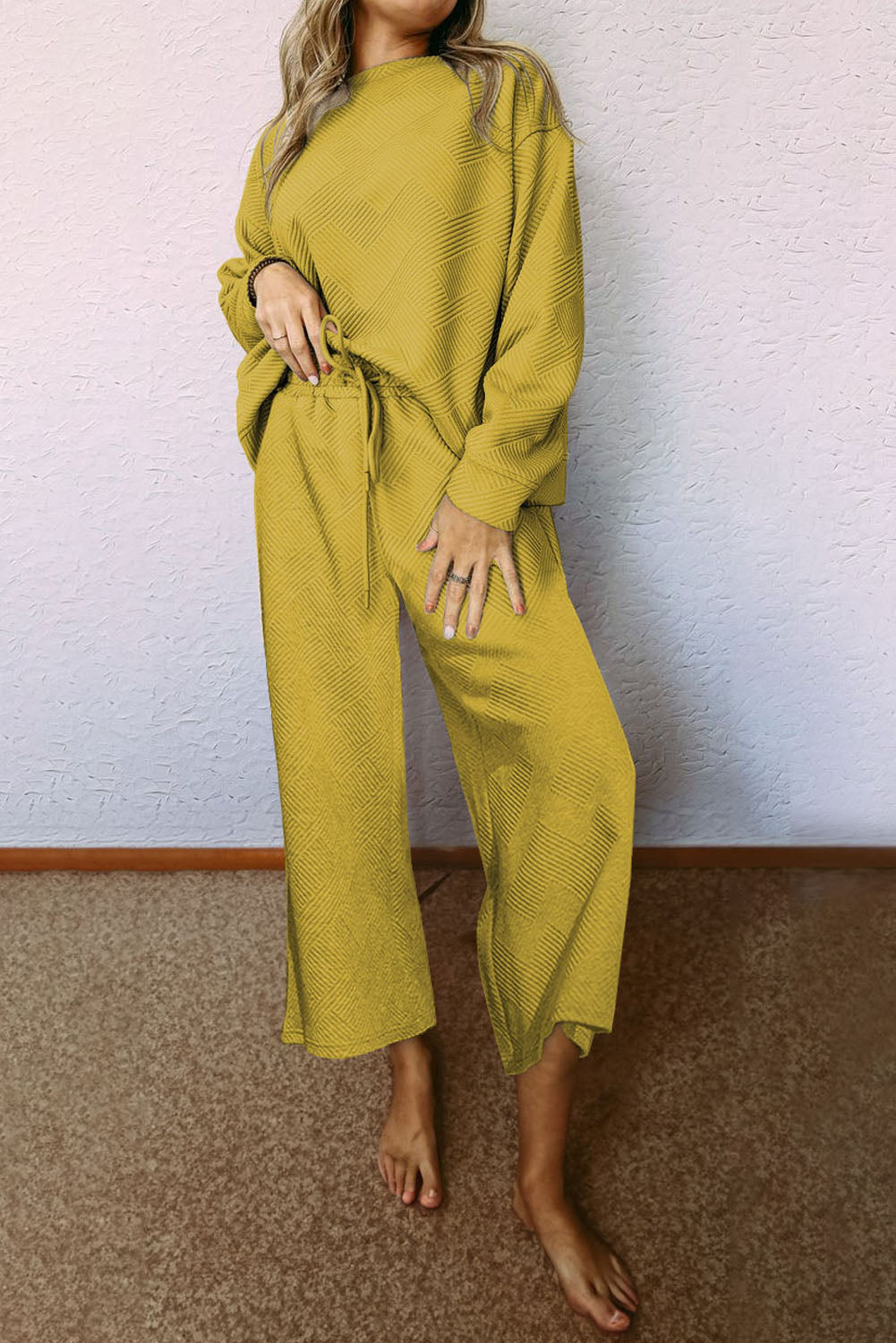 Strawberry Pink Textured Loose Slouchy Long Sleeve Top and Pants Set - Cowaa