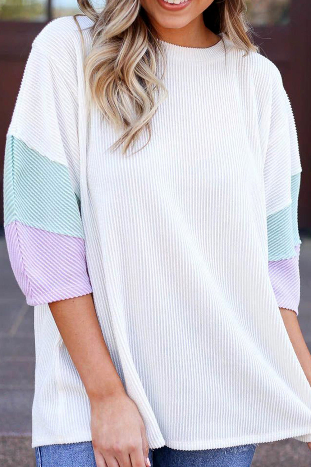 White Pit-striped Colorblock Drop Sleeve Top - Cowaa