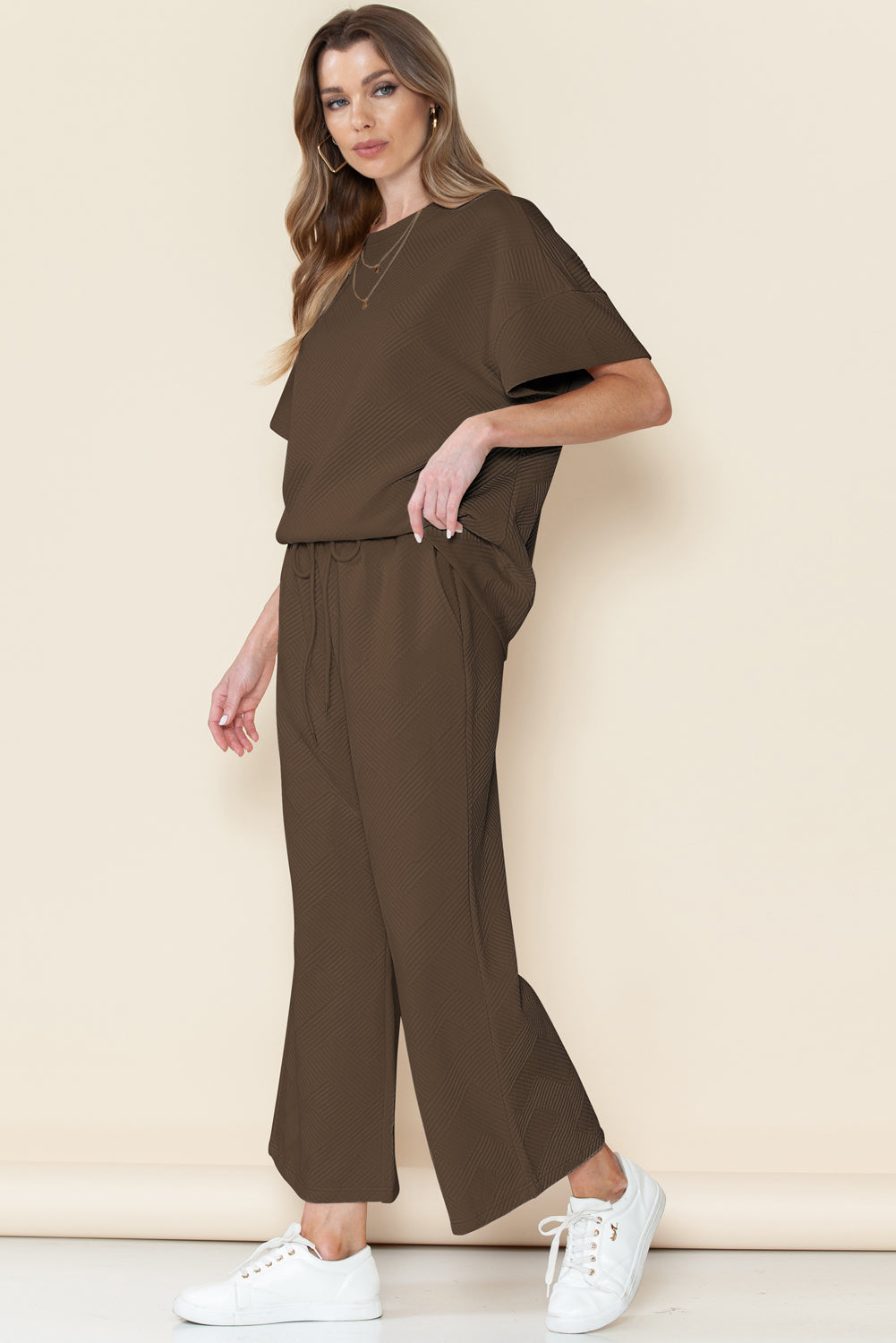Navy Blue Textured Loose Fit T Shirt and Drawstring Pants Set - Cowaa
