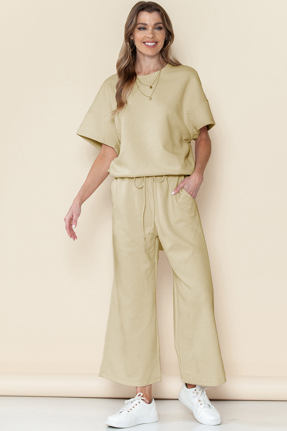 Navy Blue Textured Loose Fit T Shirt and Drawstring Pants Set - Cowaa